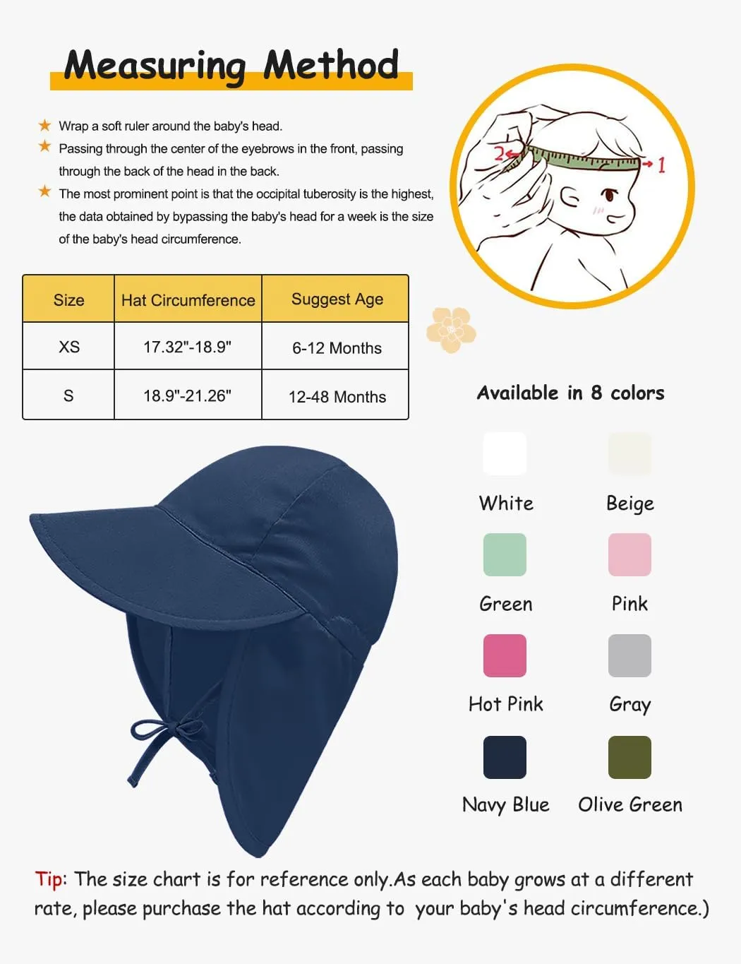 Adjustable Baby Sun Hat Boys Girls, UPF 50  Toddler Summer Beach Swim Hat with Neck Flap for Infant Traveling Cap