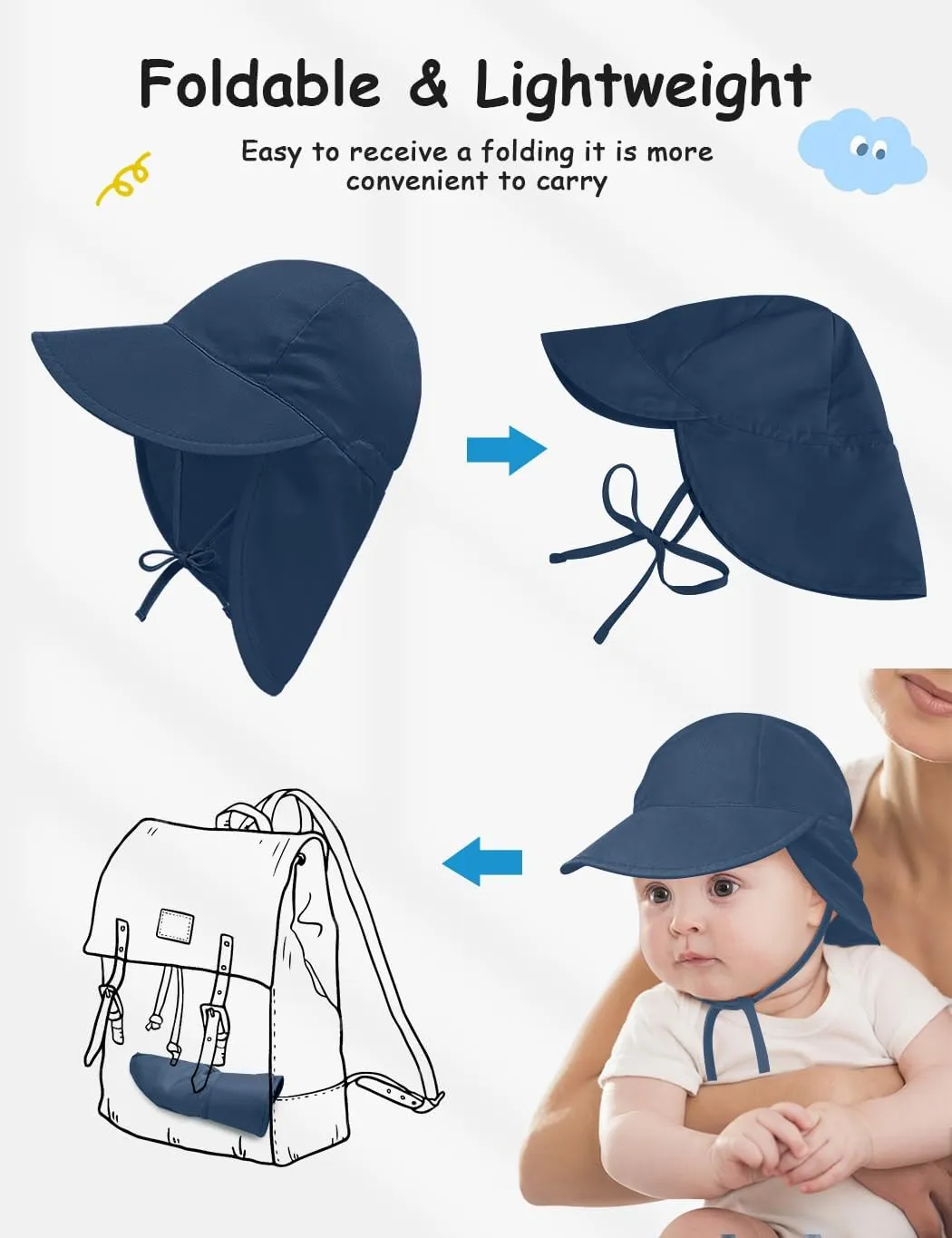 Adjustable Baby Sun Hat Boys Girls, UPF 50  Toddler Summer Beach Swim Hat with Neck Flap for Infant Traveling Cap