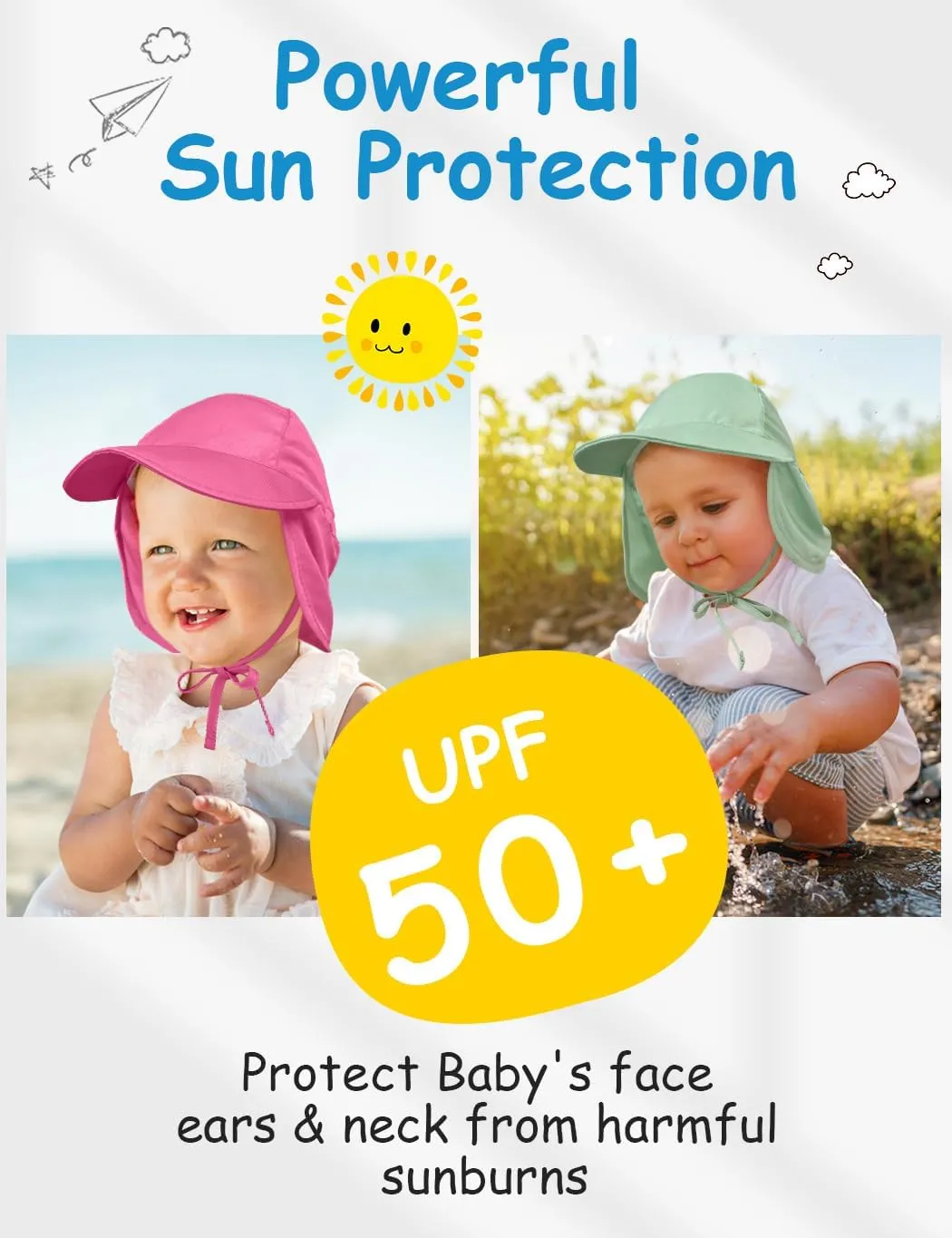 Adjustable Baby Sun Hat Boys Girls, UPF 50  Toddler Summer Beach Swim Hat with Neck Flap for Infant Traveling Cap