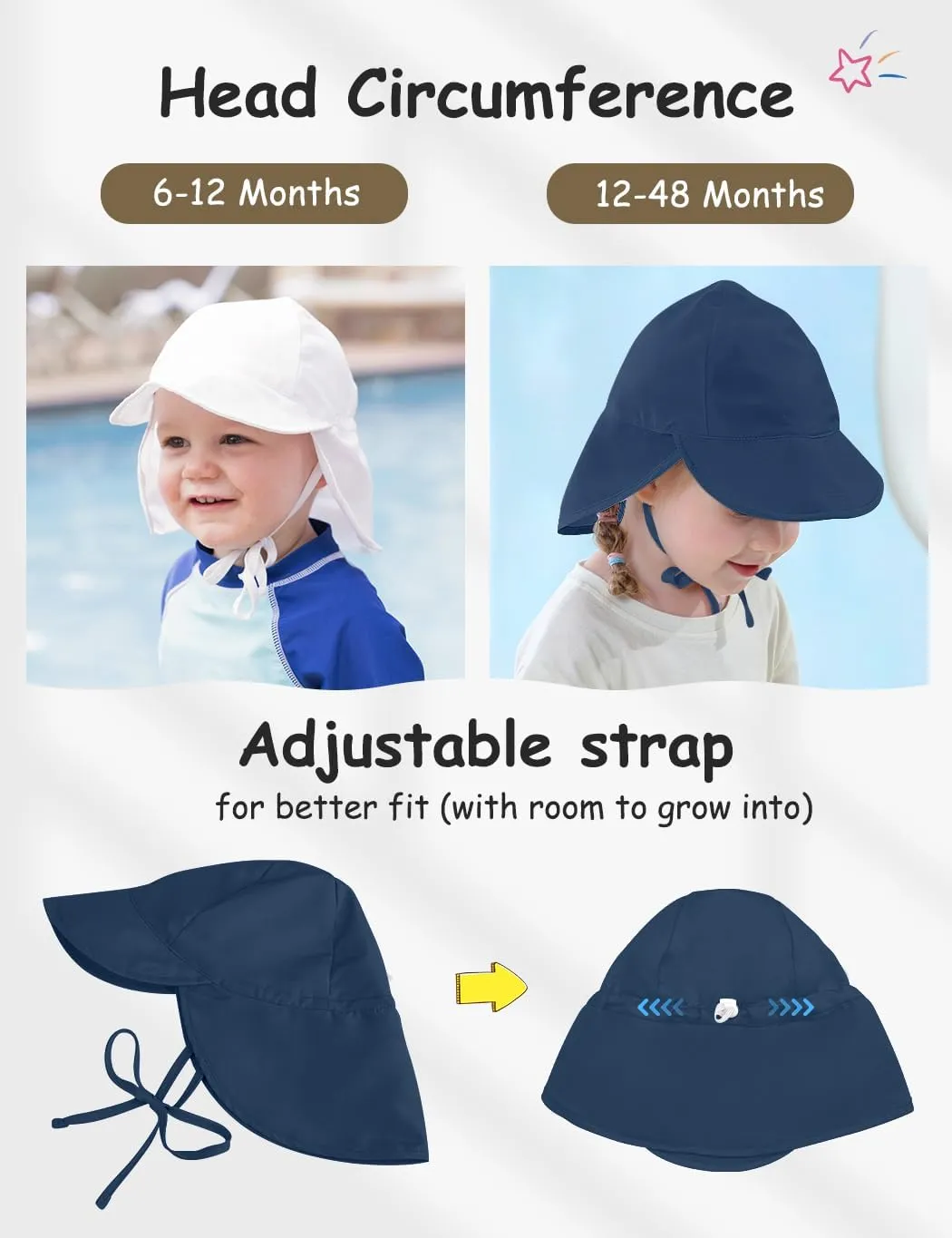 Adjustable Baby Sun Hat Boys Girls, UPF 50  Toddler Summer Beach Swim Hat with Neck Flap for Infant Traveling Cap
