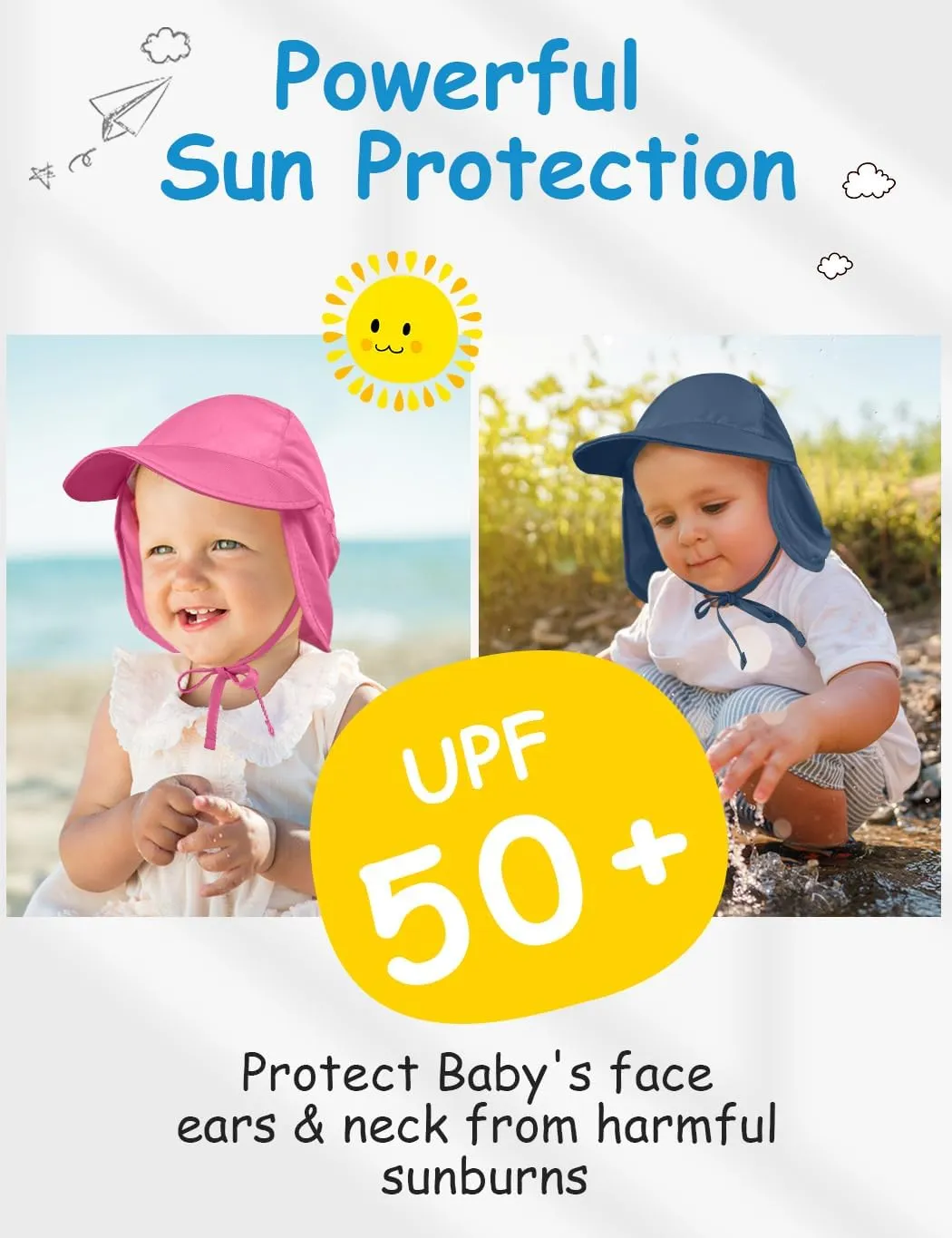 Adjustable Baby Sun Hat Boys Girls, UPF 50  Toddler Summer Beach Swim Hat with Neck Flap for Infant Traveling Cap