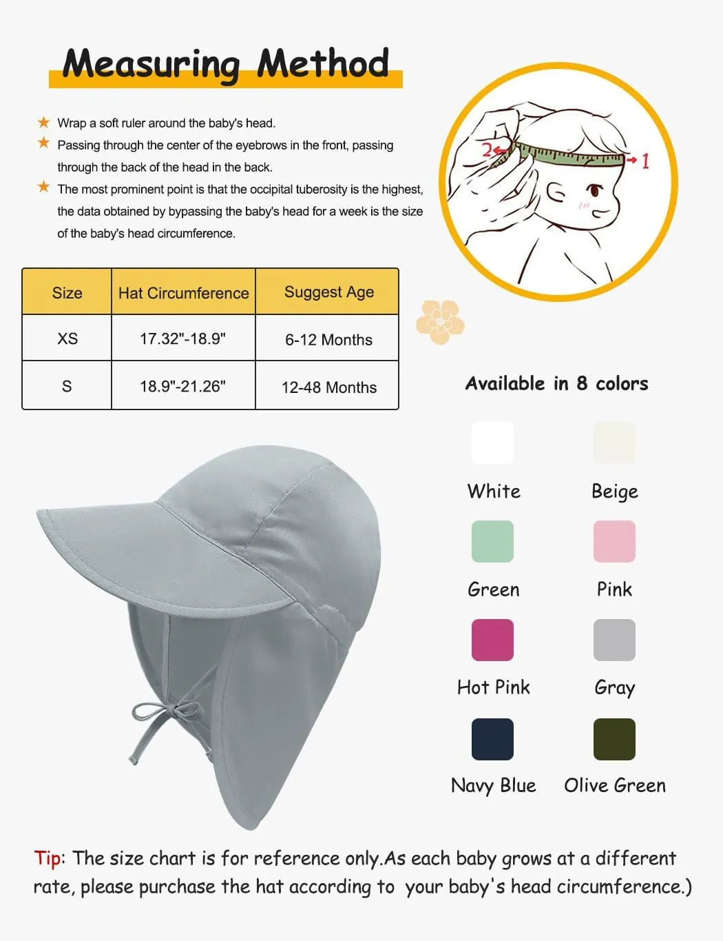 Adjustable Baby Sun Hat Boys Girls, UPF 50  Toddler Summer Beach Swim Hat with Neck Flap for Infant Traveling Cap