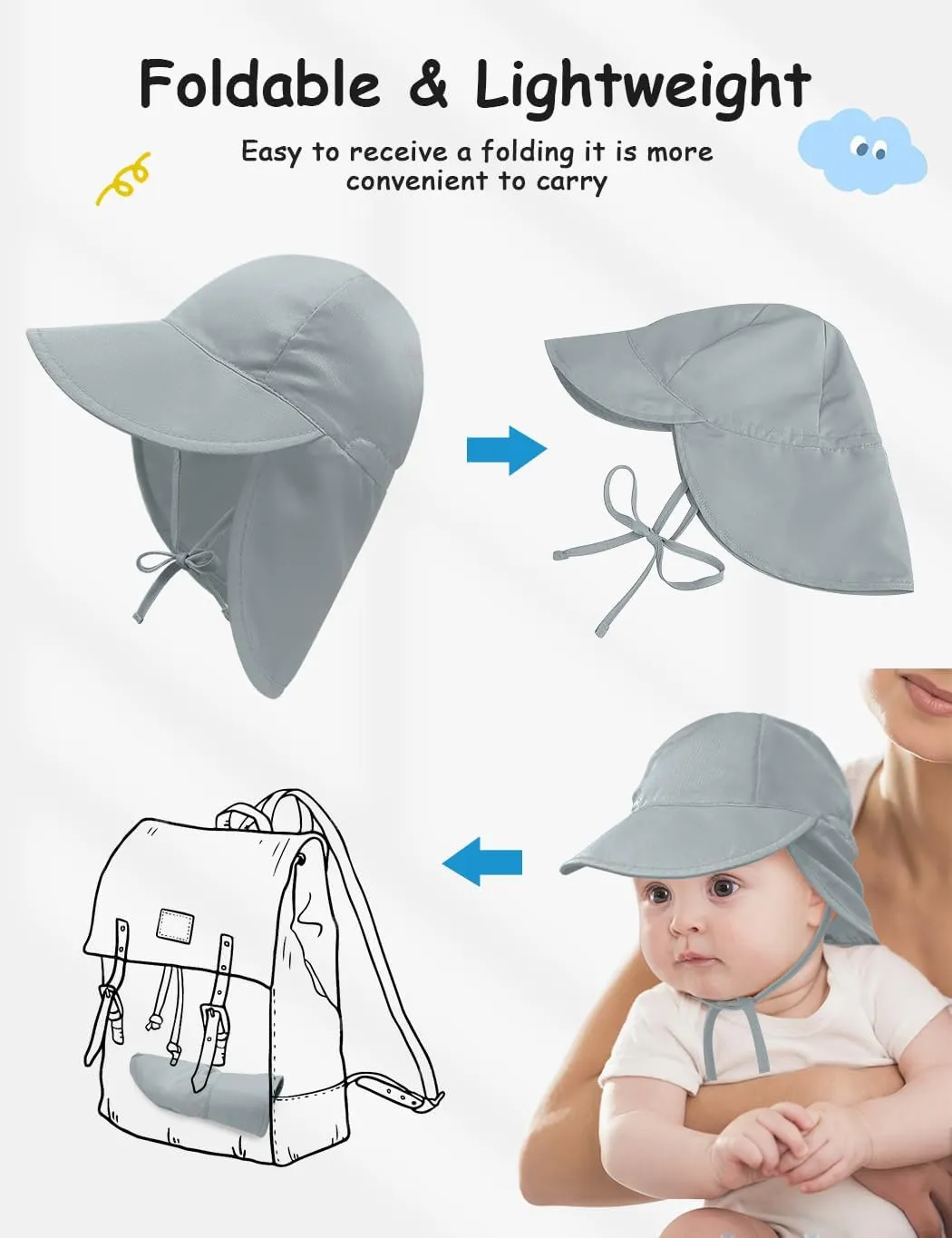 Adjustable Baby Sun Hat Boys Girls, UPF 50  Toddler Summer Beach Swim Hat with Neck Flap for Infant Traveling Cap