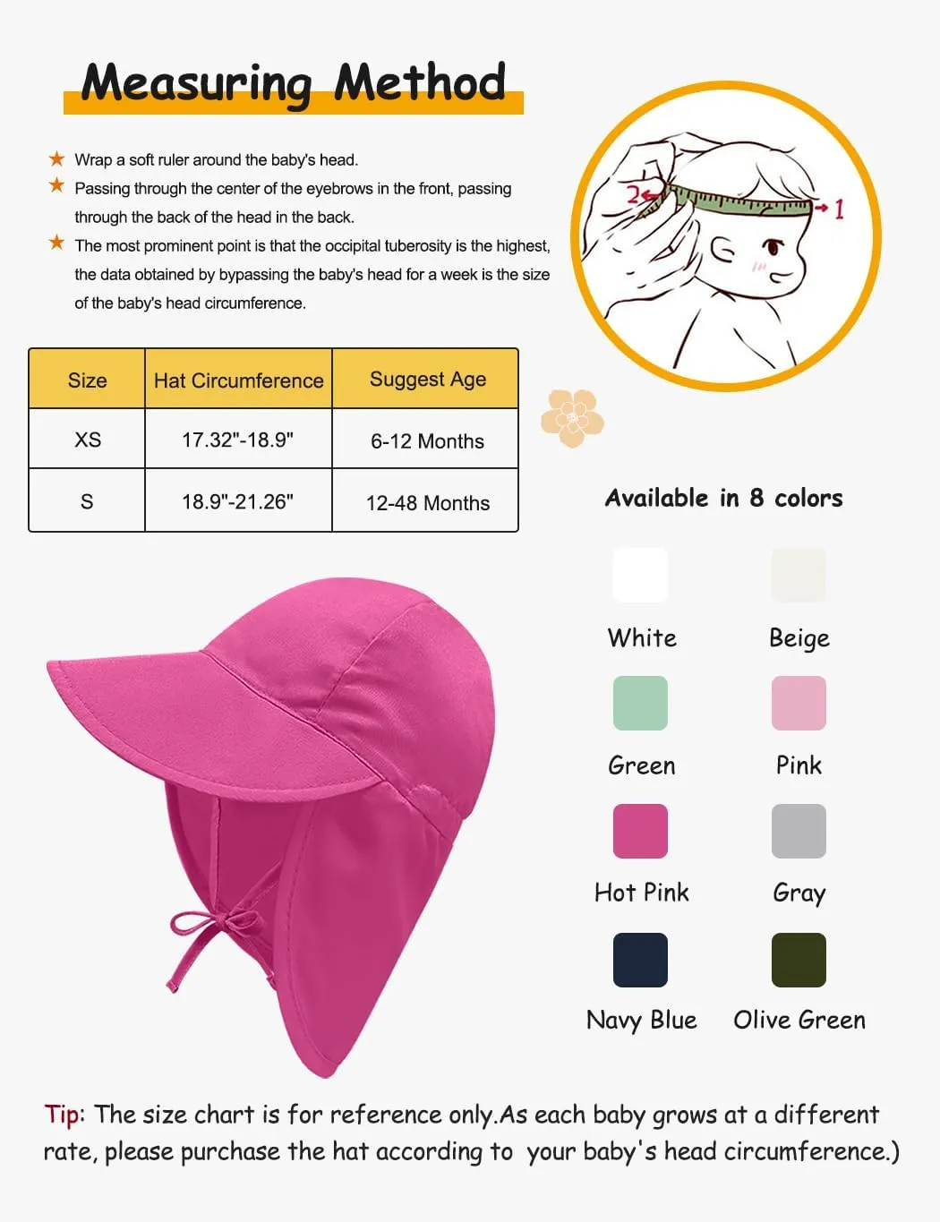 Adjustable Baby Sun Hat Boys Girls, UPF 50  Toddler Summer Beach Swim Hat with Neck Flap for Infant Traveling Cap