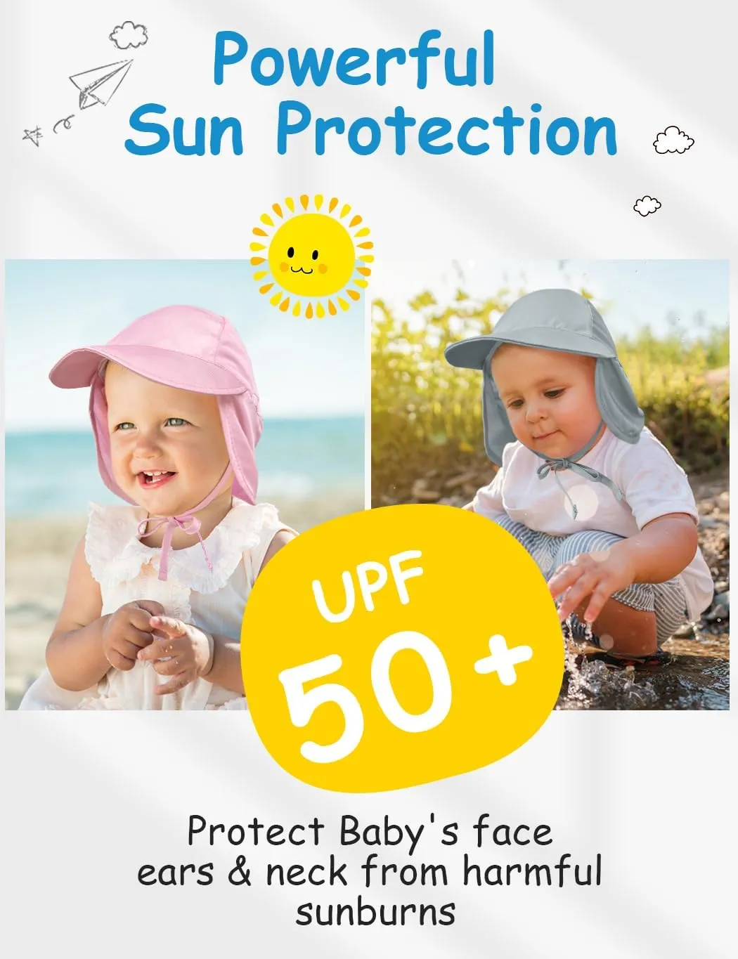 Adjustable Baby Sun Hat Boys Girls, UPF 50  Toddler Summer Beach Swim Hat with Neck Flap for Infant Traveling Cap