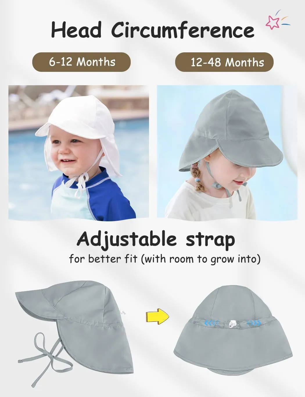 Adjustable Baby Sun Hat Boys Girls, UPF 50  Toddler Summer Beach Swim Hat with Neck Flap for Infant Traveling Cap