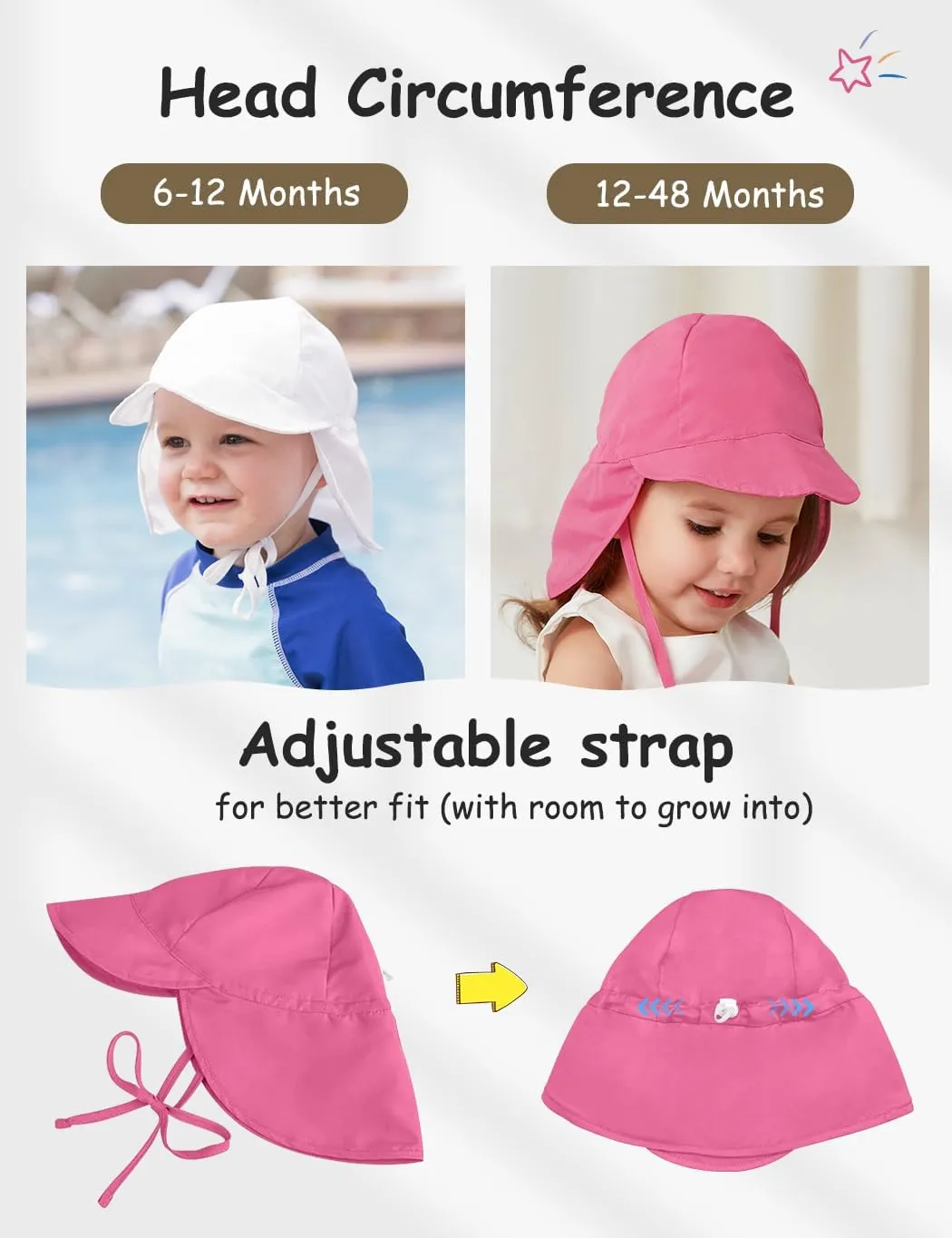 Adjustable Baby Sun Hat Boys Girls, UPF 50  Toddler Summer Beach Swim Hat with Neck Flap for Infant Traveling Cap