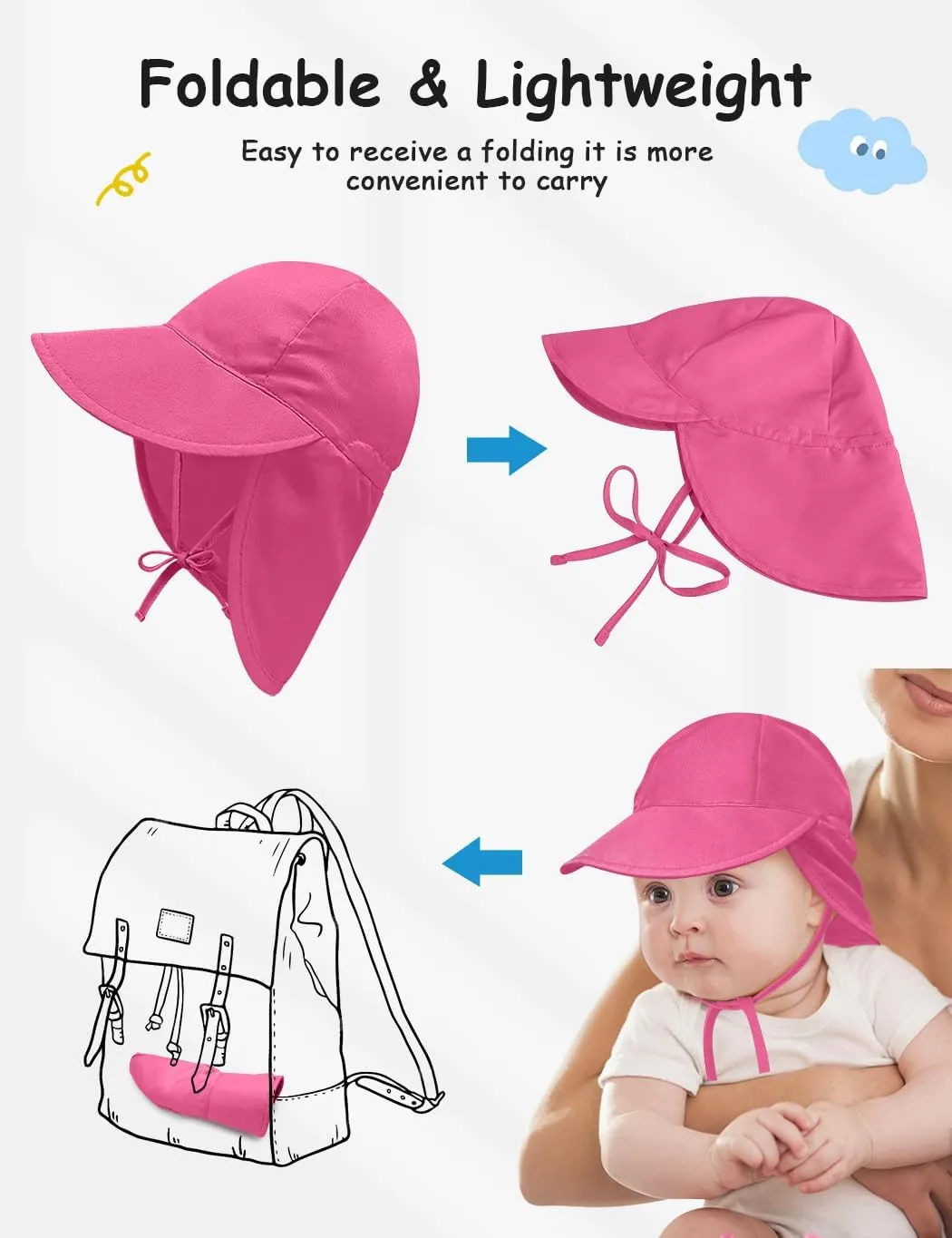 Adjustable Baby Sun Hat Boys Girls, UPF 50  Toddler Summer Beach Swim Hat with Neck Flap for Infant Traveling Cap