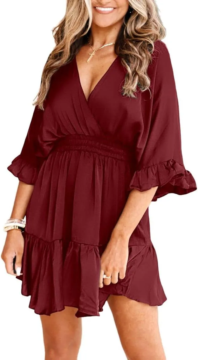 Aoysky Womens V Neck Casual Dresses Summer Loose High Waist Ruffle Pleated Cute Mini Short Dress