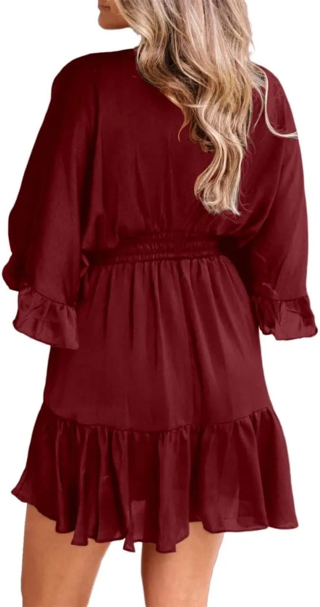 Aoysky Womens V Neck Casual Dresses Summer Loose High Waist Ruffle Pleated Cute Mini Short Dress