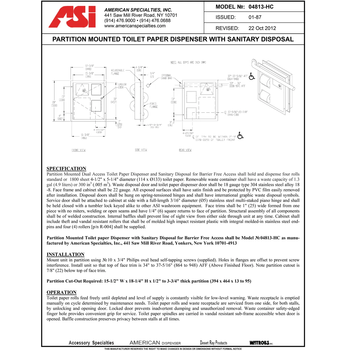 ASI 04813-HC Combination Commercial Toilet Paper Dispenser/Sanitary Napkin Disposal, Partition-Mounted, Stainless Steel