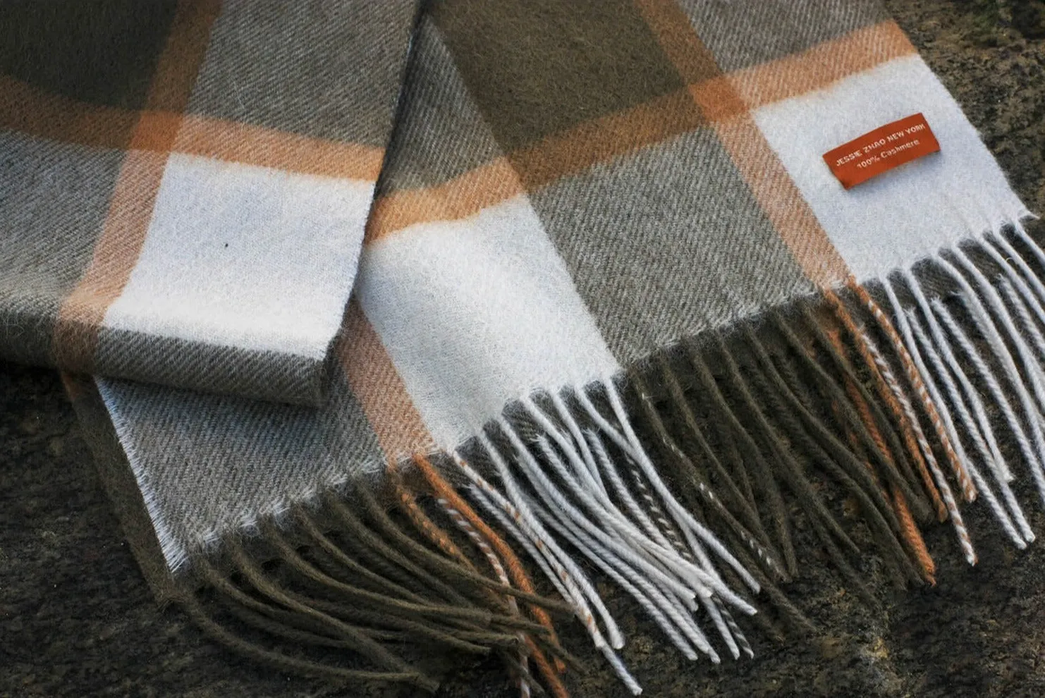 Cashmere Plaid Fringe Scarf - Coffee Brown