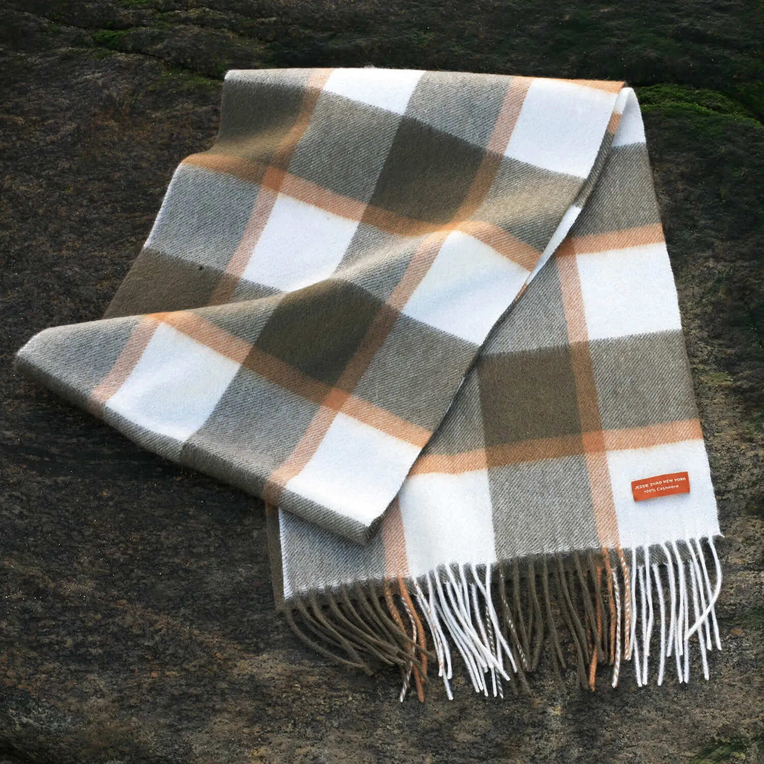 Cashmere Plaid Fringe Scarf - Coffee Brown