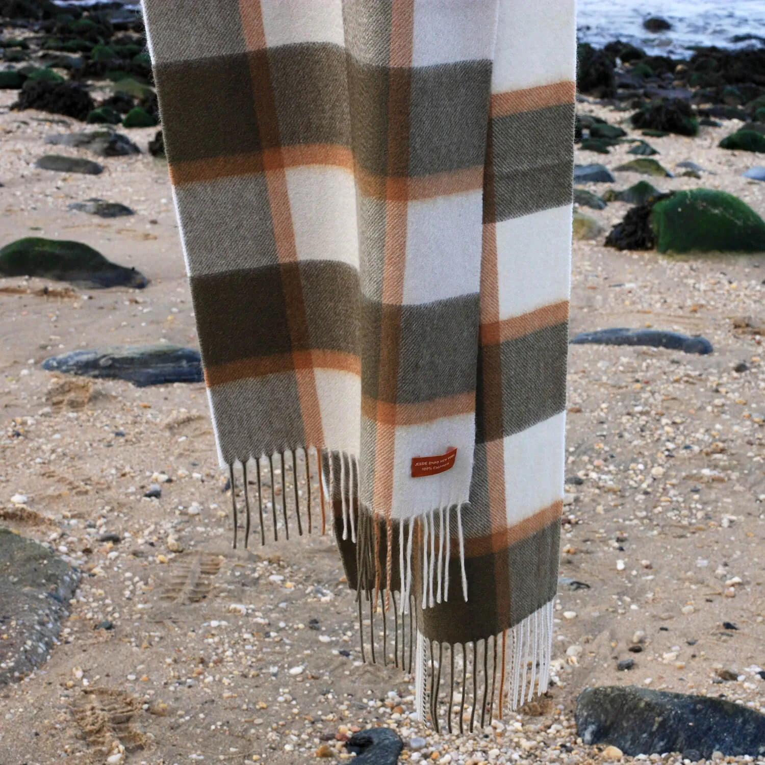 Cashmere Plaid Fringe Scarf - Coffee Brown