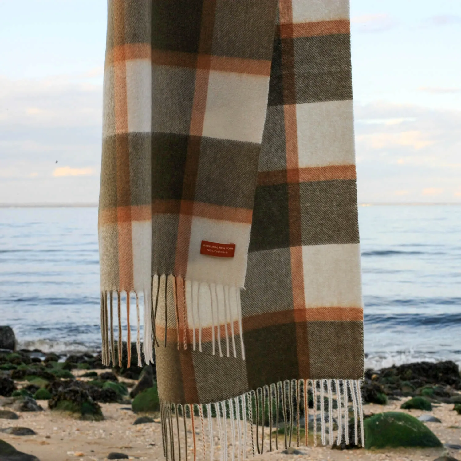Cashmere Plaid Fringe Scarf - Coffee Brown