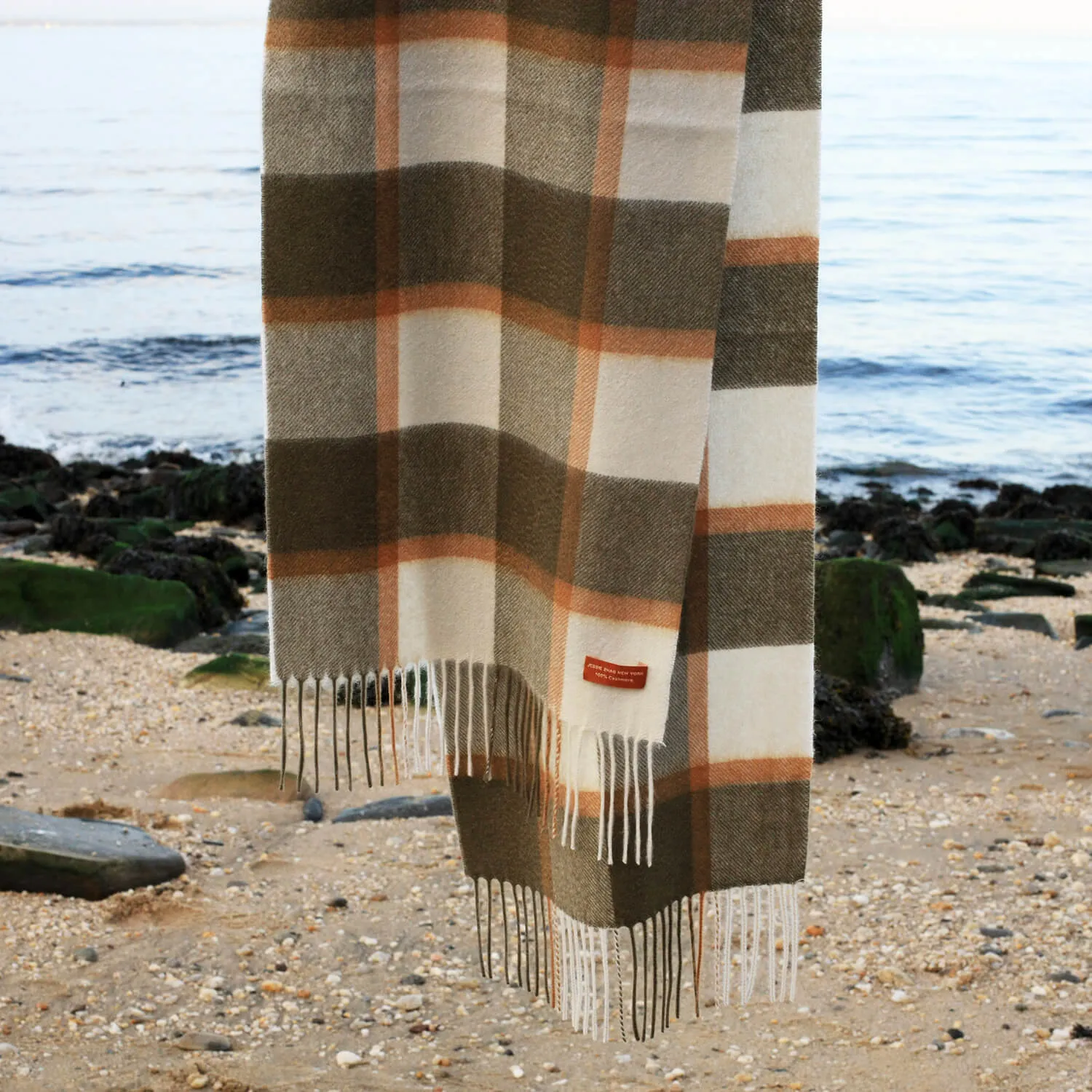 Cashmere Plaid Fringe Scarf - Coffee Brown