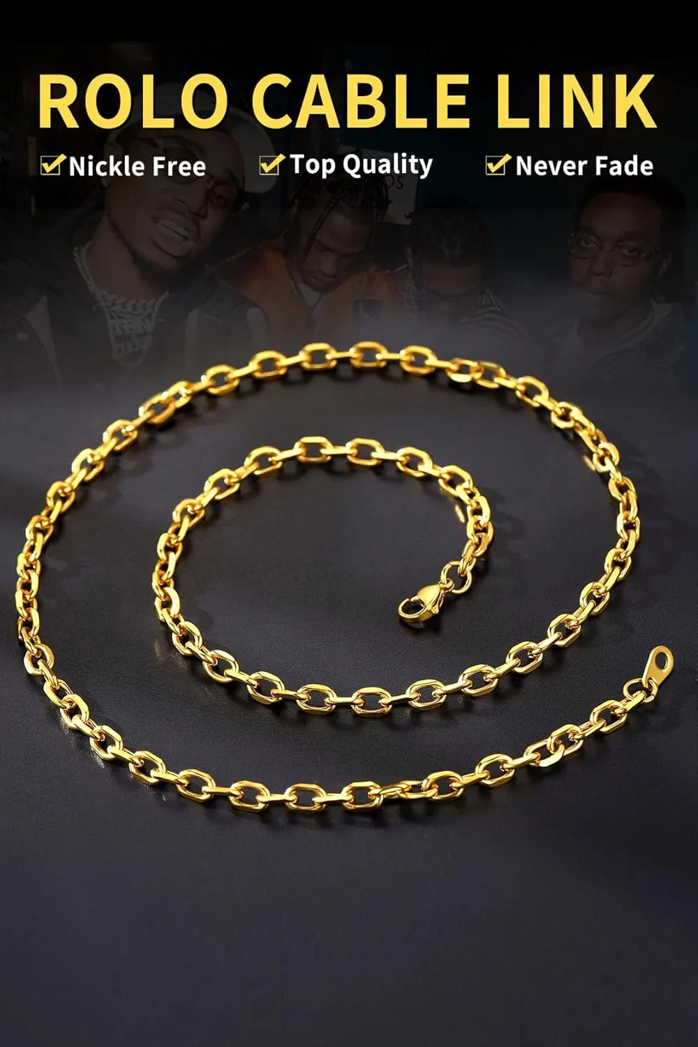 ChainsHouse Stainless Steel Cable Chain Necklaces for Men Women, 3mm/5mm/7mm/9mm/12mm 18K Gold/Black Plated Mens Cable Link Chains, 18"-30" Length - Send Gift Box