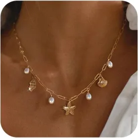 Charm Necklace for Women - Dainty Gold Beach Necklace Cute Shell Necklaces Charm Accessory Beach Starfish Pendant Preppy Stuff Summer Jewelry