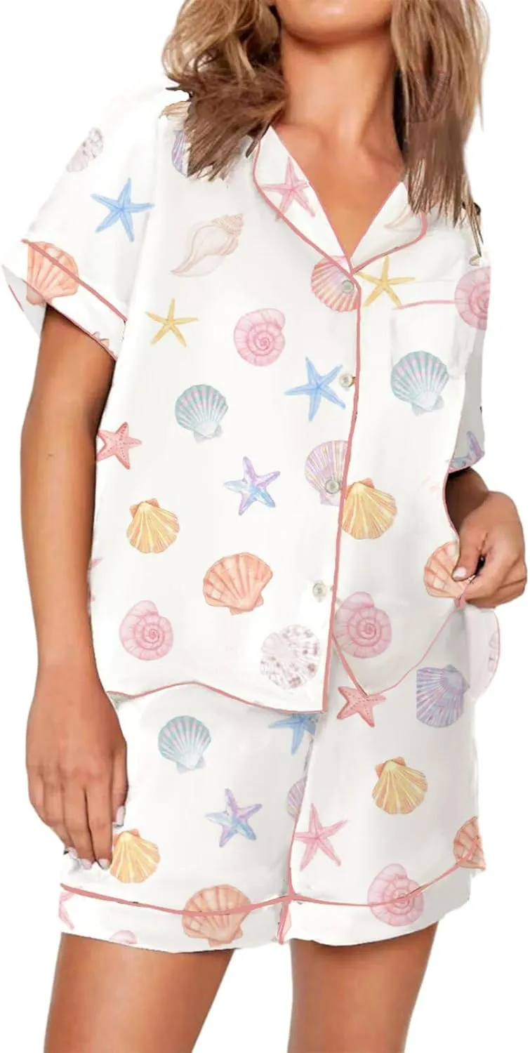 cochineal Women Cute Bow Pajama Shorts Set Y2k Silk 2 Piece Short Sleeve Preppy Shirt Pjs Lounge Set Y2k Martini Sleepwear