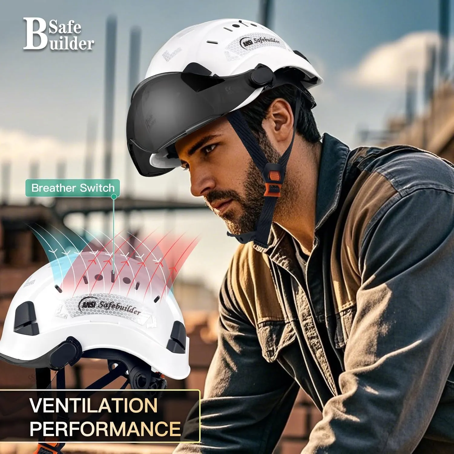 Construction Safety Helmet with Visor ABS Hard Hat Adjustable Ventilation Hardhats Industrial Work Head Protection for Men Certified ANSI/ISEA Z89.1