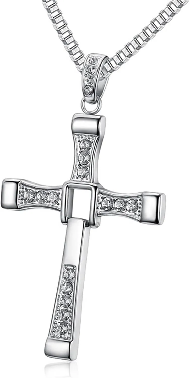 Cross Necklace for Men, Cross Pendant Necklace Stainless Steel Chains Sterling Silver Necklace Men's Cross Chain Jewelry Link Chain for Boys Fast and Furious