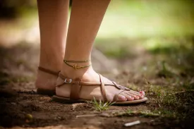 Gold anchor wrapped charm anklet, green cord ankle bracelet