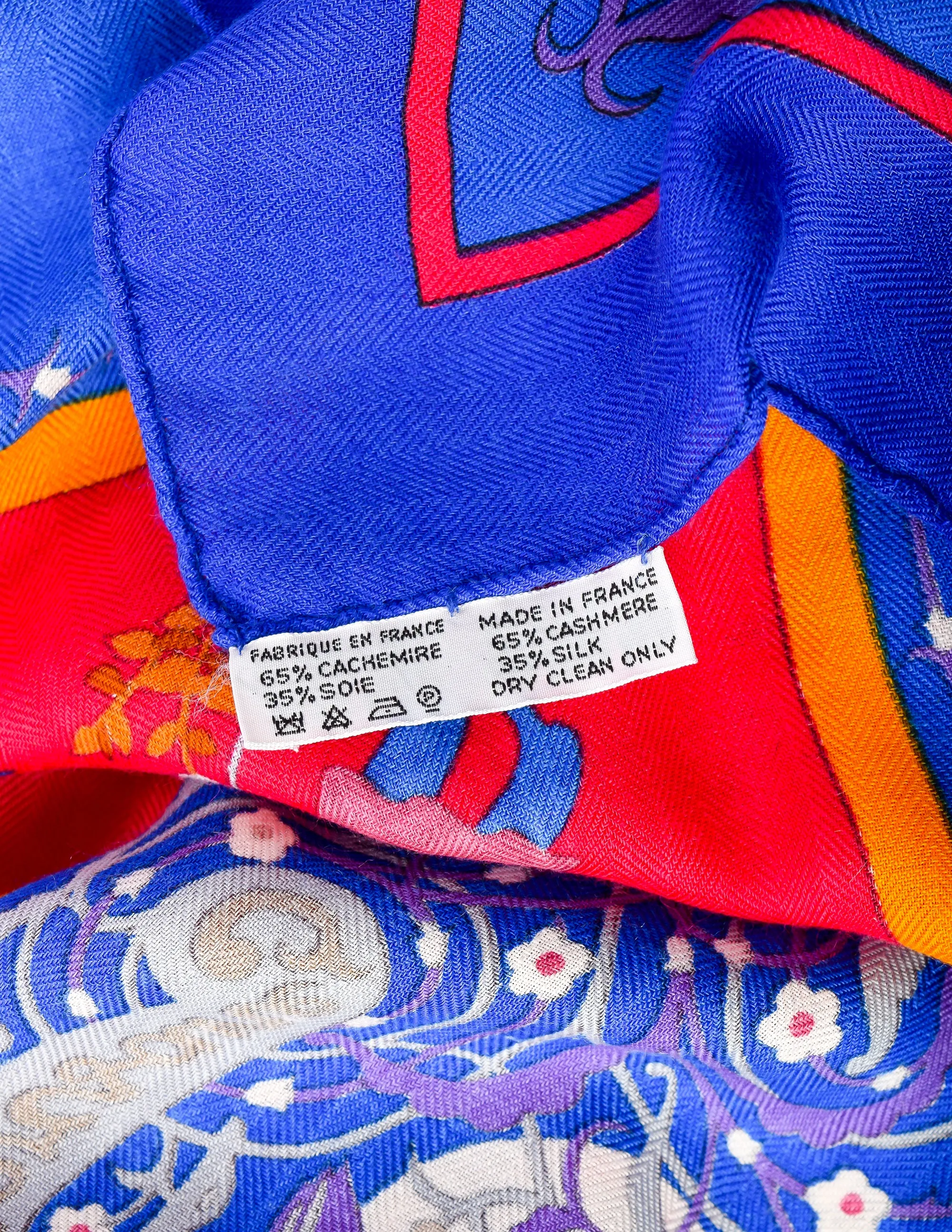 Hermes Vintage Poesie Persane Blue Red Massive Cashmere Silk Scarf Shawl