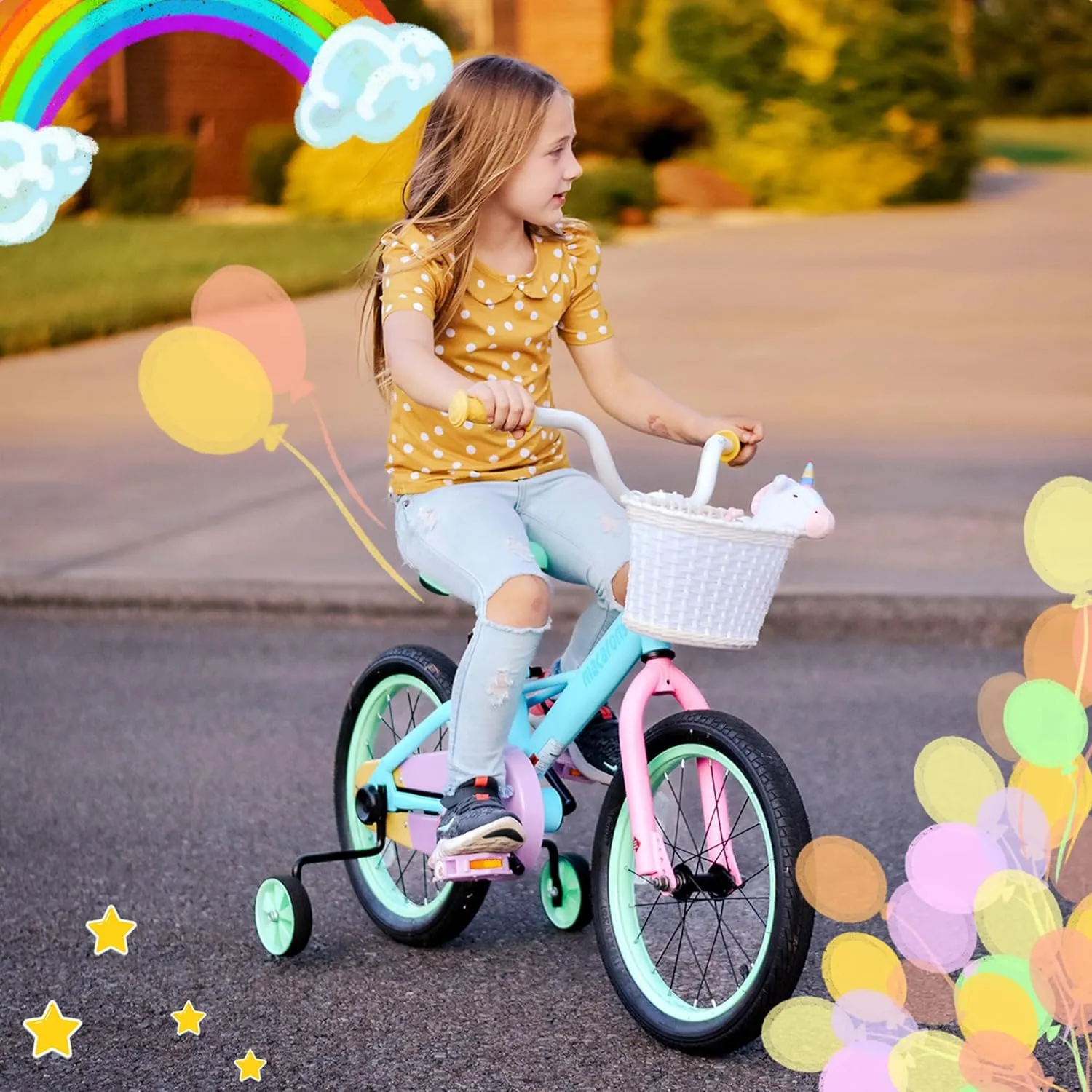 JOYSTAR 12 14 16 Inch Kids Bike for 2-7 Years Girls 33-53 Inch Tall, Toddler Girls Bike with Training Wheels, Rainbow Bikes, Children Bicycle, Macaroon