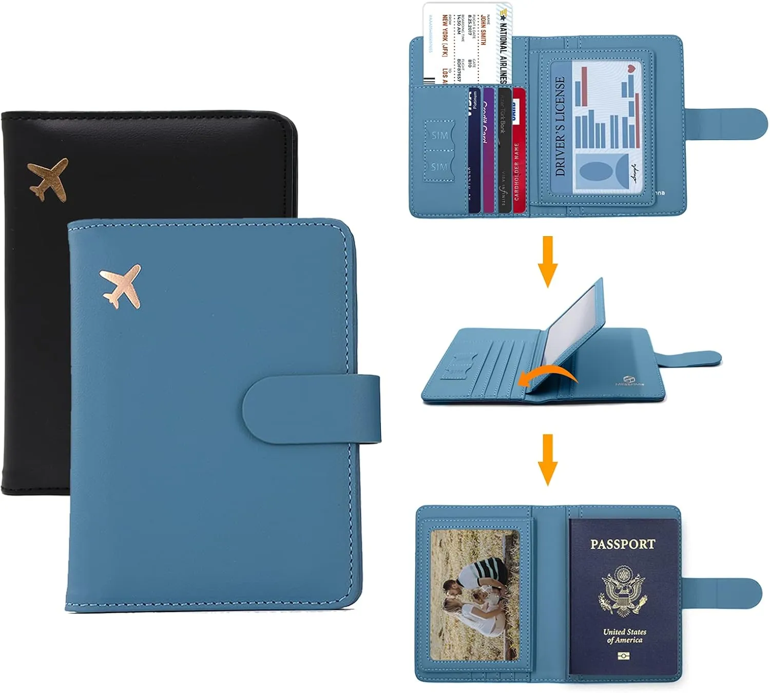 Melsbrinna Rfid Passport Holder for Travel women/Men, Cute Passport Wallet Rfid Blocking Card Slots, Rfid Passport Cover/CaseTravel Wallet, Passport Book Holder (2, Black blue)
