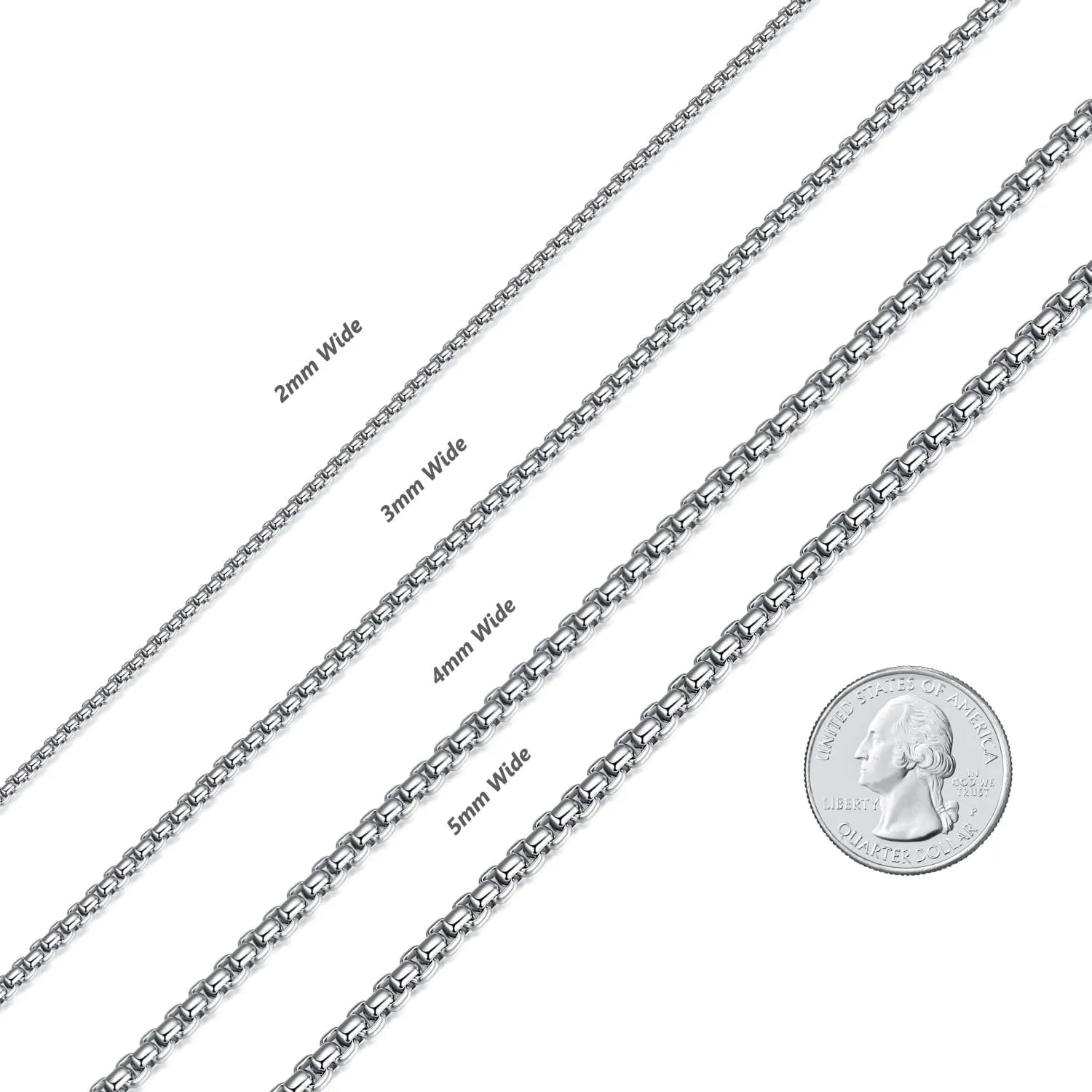 Mens Chain Necklaces, Stainless Steel Rolo Chain Necklace for Men and Women, Silver Tone Box Chains for Men, Wide 2/3/4/5mm