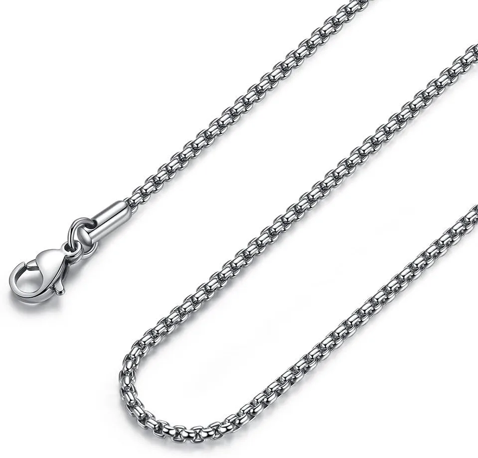 Mens Chain Necklaces, Stainless Steel Rolo Chain Necklace for Men and Women, Silver Tone Box Chains for Men, Wide 2/3/4/5mm