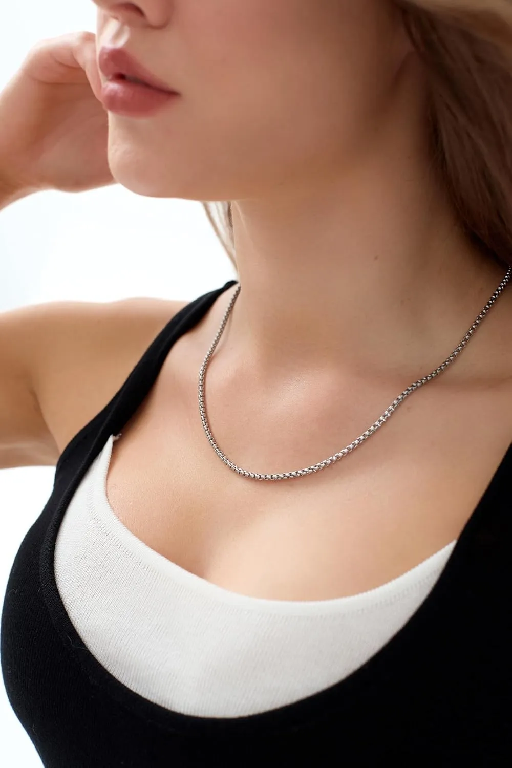 Mens Chain Necklaces, Stainless Steel Rolo Chain Necklace for Men and Women, Silver Tone Box Chains for Men, Wide 2/3/4/5mm