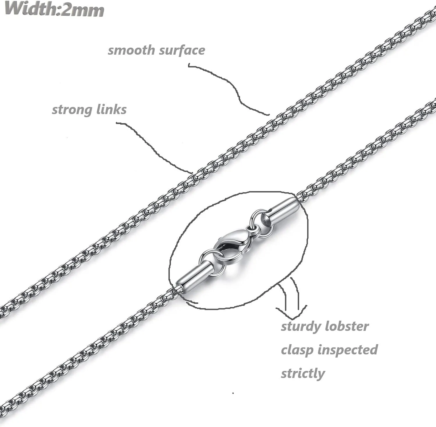Mens Chain Necklaces, Stainless Steel Rolo Chain Necklace for Men and Women, Silver Tone Box Chains for Men, Wide 2/3/4/5mm