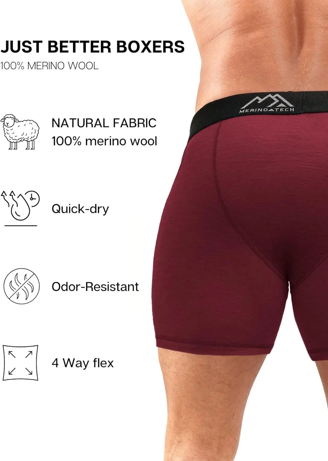 Merino.tech Merino Wool Underwear Mens - 100% Merino Wool Base Layer Boxer Briefs for Men