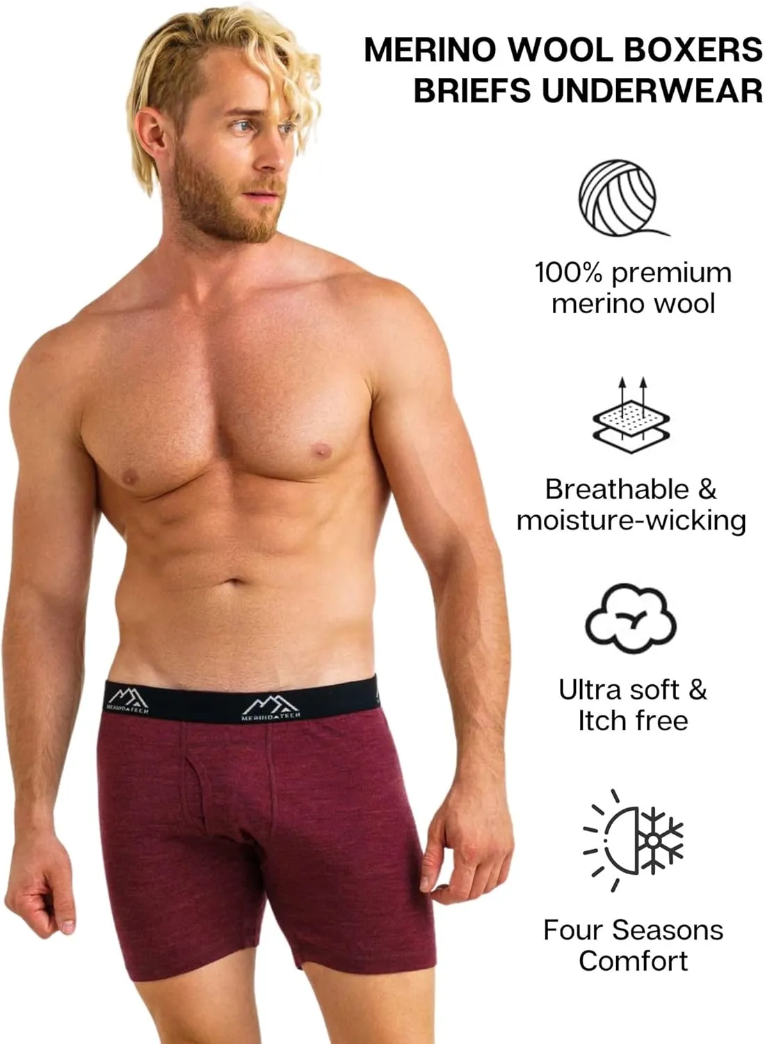 Merino.tech Merino Wool Underwear Mens - 100% Merino Wool Base Layer Boxer Briefs for Men