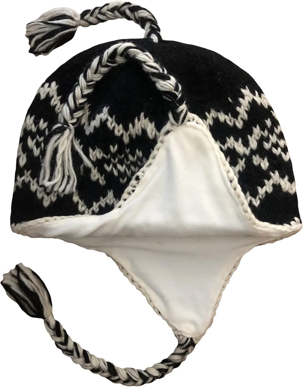 Nepal Hand Knit Sherpa Hat with Ear Flaps, Trapper Ski Heavy Wool Fleeced Lined Cap