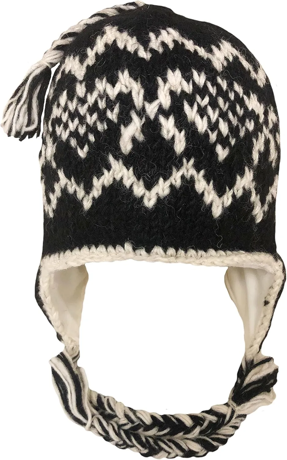 Nepal Hand Knit Sherpa Hat with Ear Flaps, Trapper Ski Heavy Wool Fleeced Lined Cap