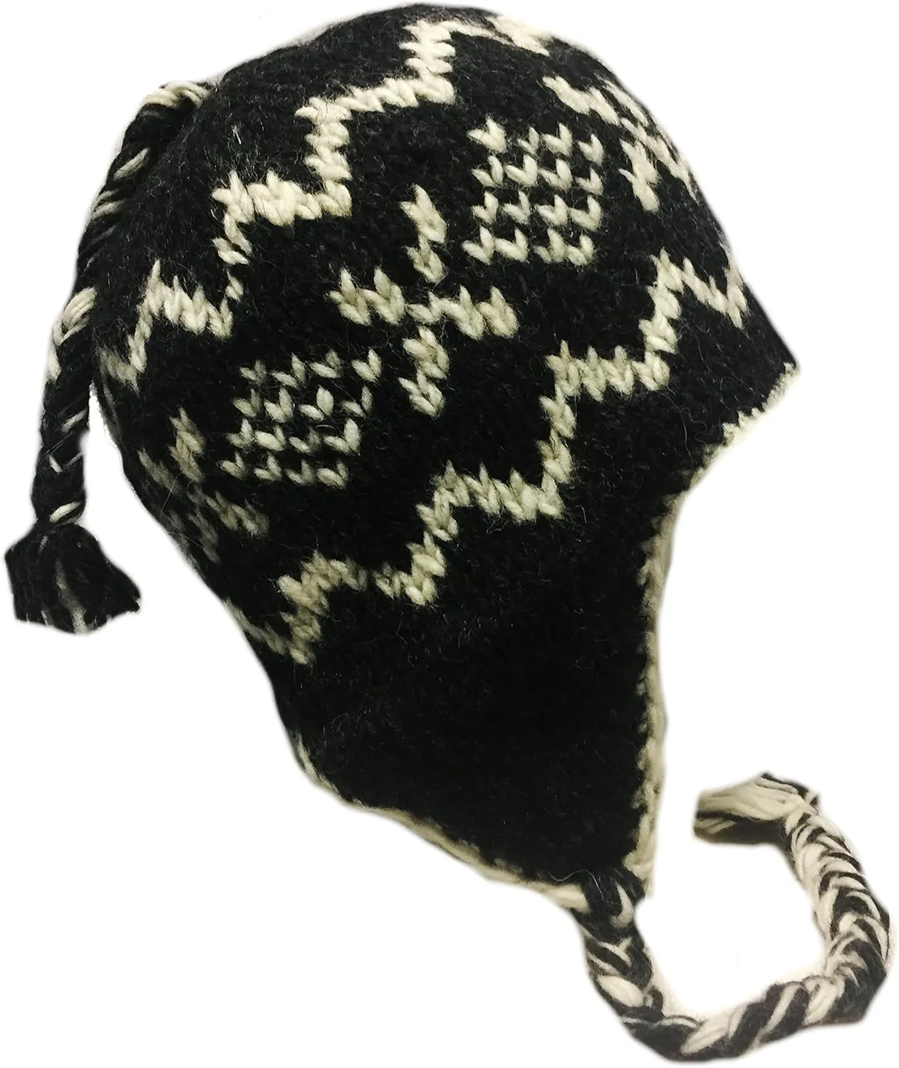 Nepal Hand Knit Sherpa Hat with Ear Flaps, Trapper Ski Heavy Wool Fleeced Lined Cap