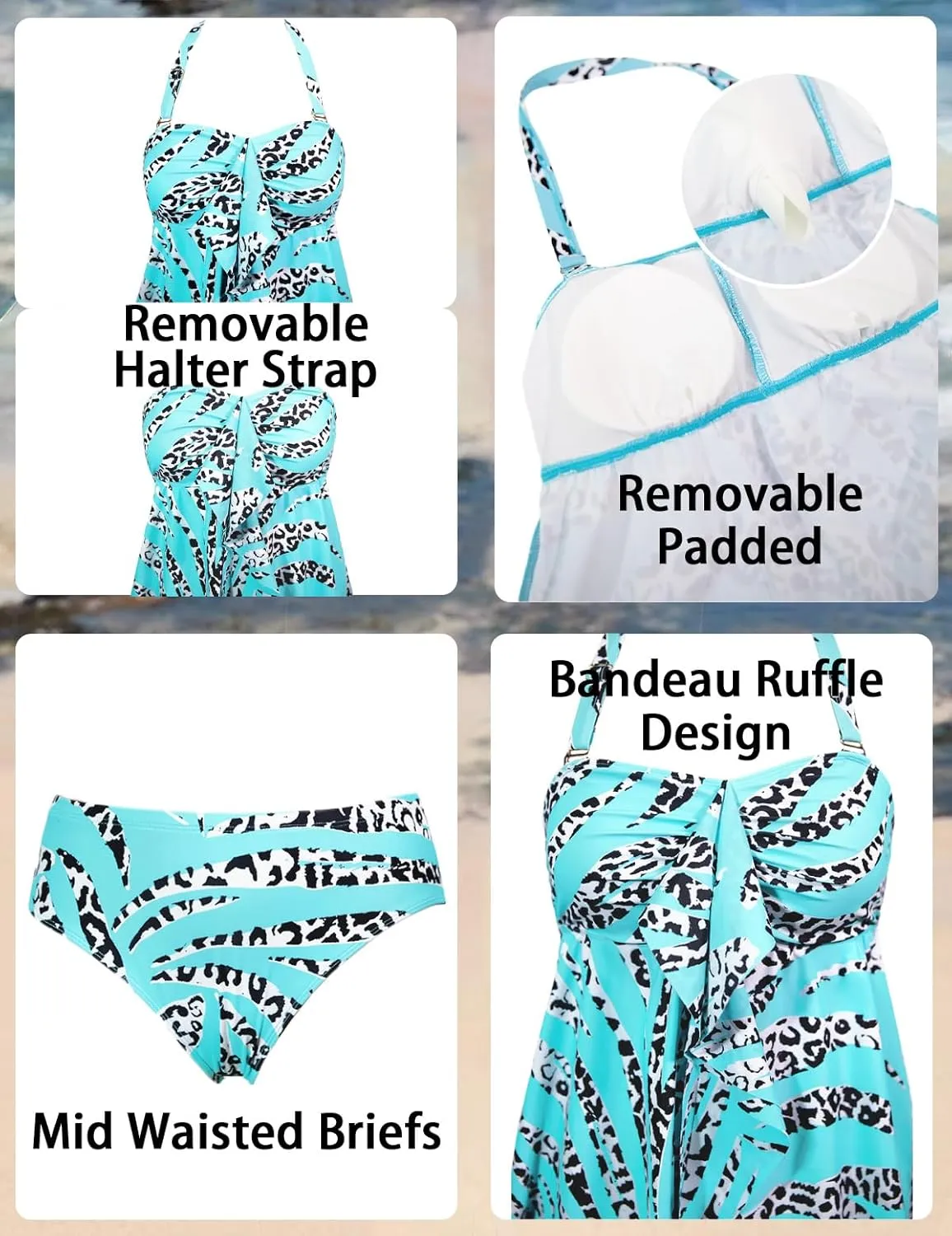ROSEWE Two Piece Tankini Bathing Suits for Women, Removable Halter Flyaway Swimsuits, Bandeau Top with Briefs