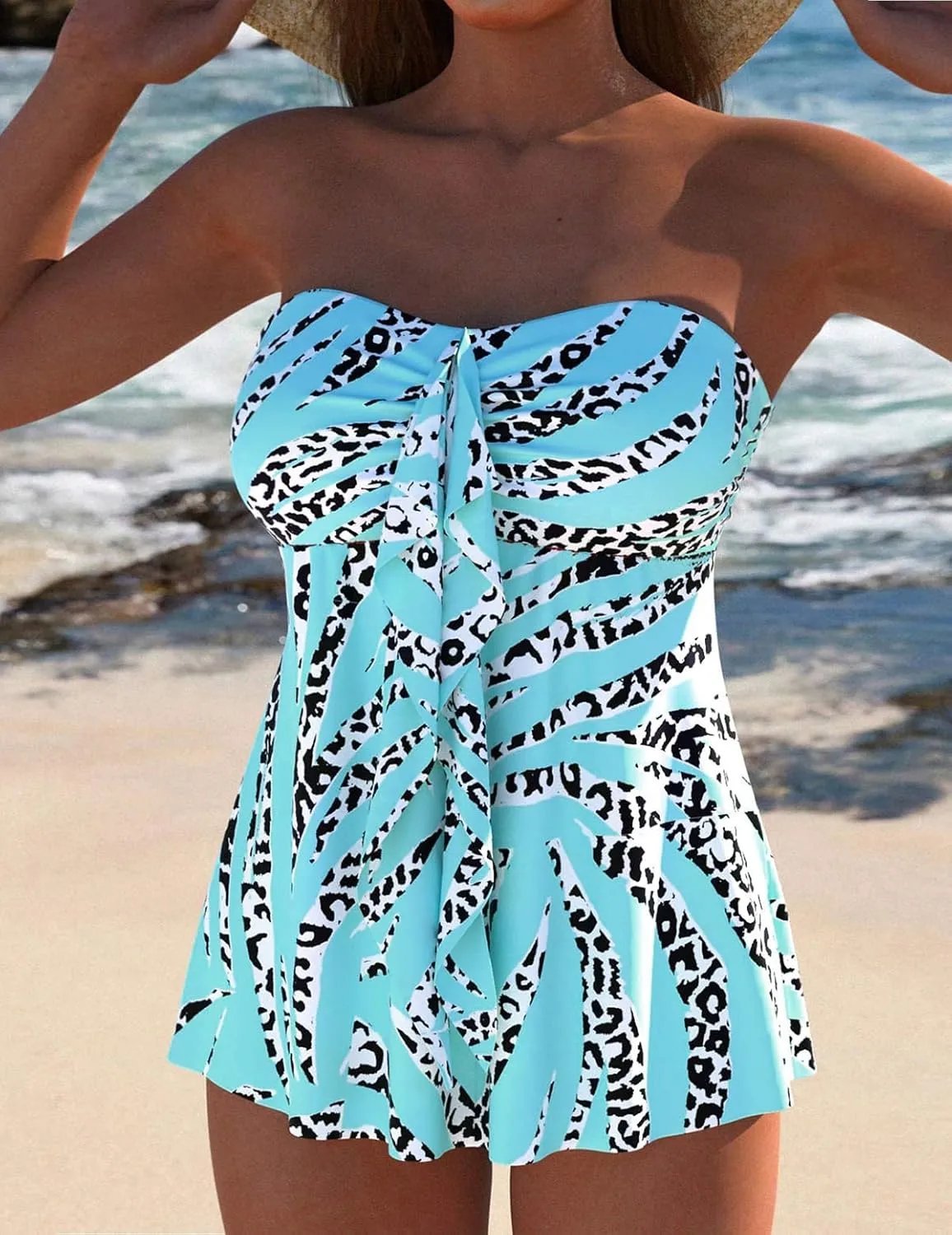 ROSEWE Two Piece Tankini Bathing Suits for Women, Removable Halter Flyaway Swimsuits, Bandeau Top with Briefs