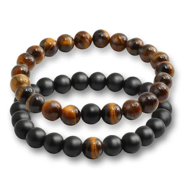 Set Couple Tiger Eye Stone Bracelets Beads Matching Lovers Mala Buddha