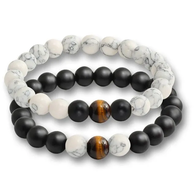 Set Couple Tiger Eye Stone Bracelets Beads Matching Lovers Mala Buddha