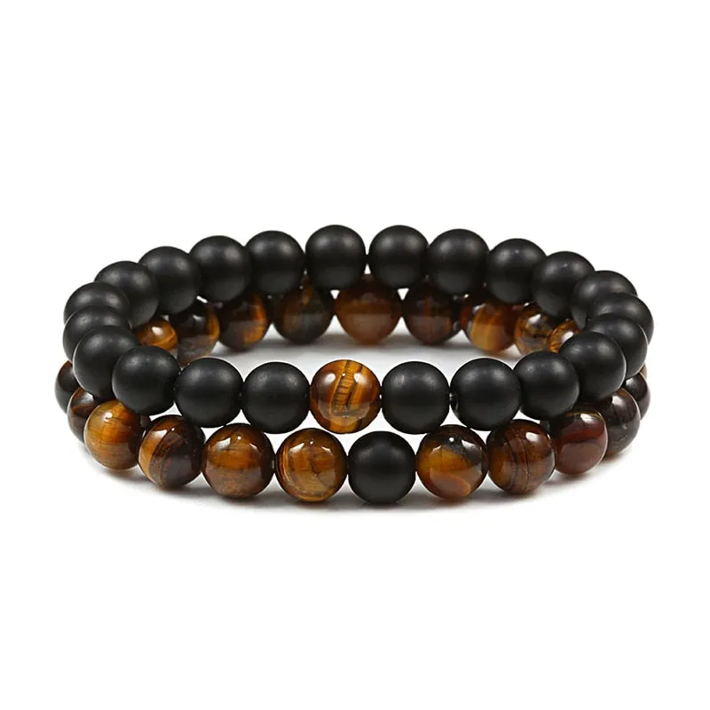 Set Couple Tiger Eye Stone Bracelets Beads Matching Lovers Mala Buddha