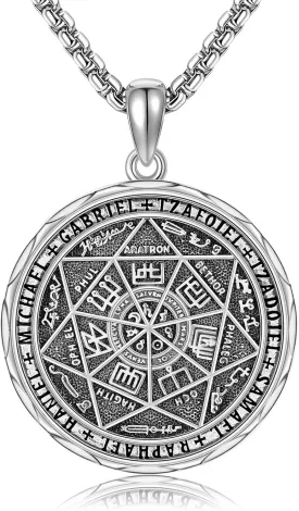 Seven Archangels Necklace Sterling Silver Seal of The 7 Archangel Michael Medal Pendant Protector Amulets Jewelry for Women Mens