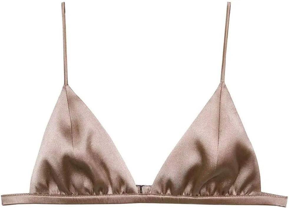 SilRiver Women's Silk Satin Triangle Bralette Soft Cup Wireless Bra Smooth and Comfortable Wire Free Bra Top