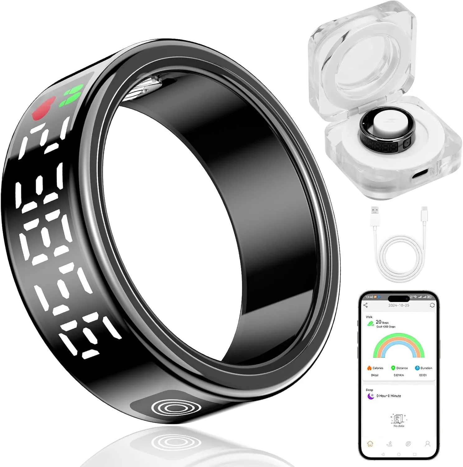 Smart Ring with Display - Fitness Tracker, Heart Rate Monitor, Sleep Tracker, Step Counter, Gesture Control for TikTok & Camera - IP68 Waterproof, Extended Battery Life Black #10