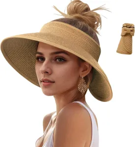 Sun Hats Visor for Women, UV UPF Straw Beach Hat Foldable Wide Brim Ponytail Summer Hats Packable Travel
