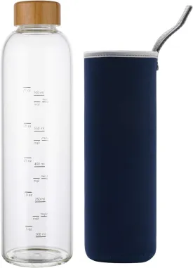 sunkey 32 oz Glass Water Bottle with Time Marker Bamboo Lid Neoprene Sleeve for to Go Travel Gym Home Reusable Eco Friendly Bpa Free (Navy Blue)