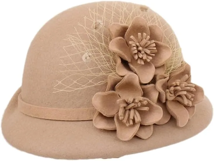 Women Floral Solid Hat Warm Wool Felt Flower Mesh Flower Hat Wide Brim Hat Autumn Winter
